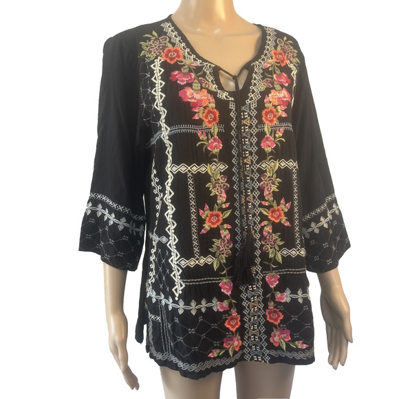 Paparazzi Embroidered Top Tunic Blouse Woman Sz L Boho Lagen Look Appliqué - Picture 1 of 6